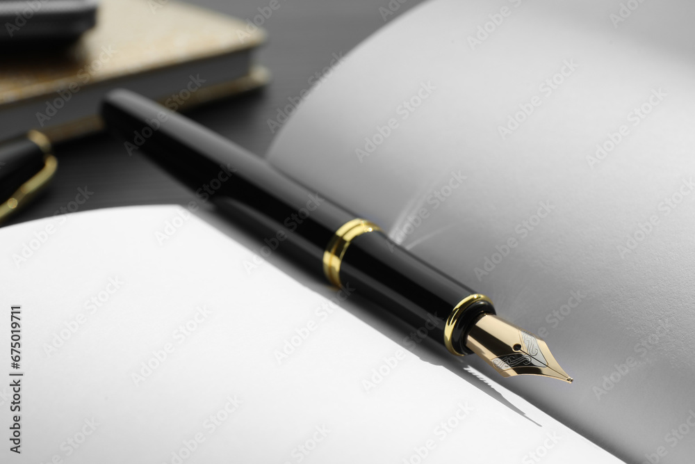 Stylish black fountain pen on open notebook, closeup Stylish black fountain pen on open notebook, closeup