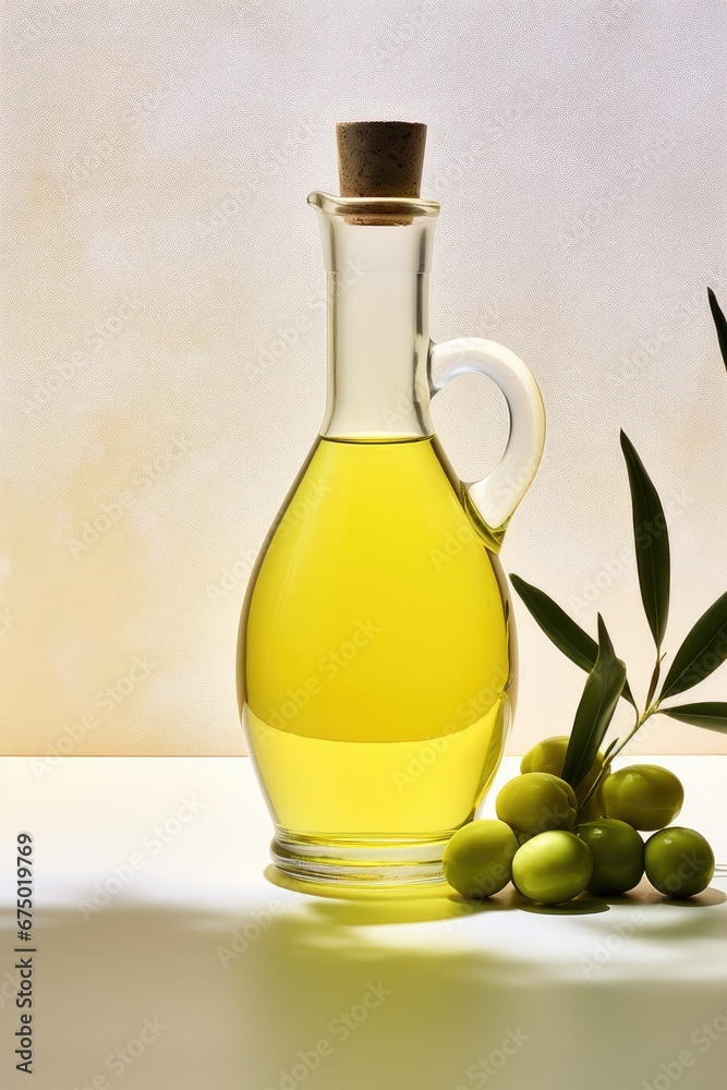 Bottle of olive oil and green olives with leaves