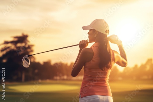 Arabic Female Golf Tour Pro On Tour Golfing At Dusk Generative AI photo