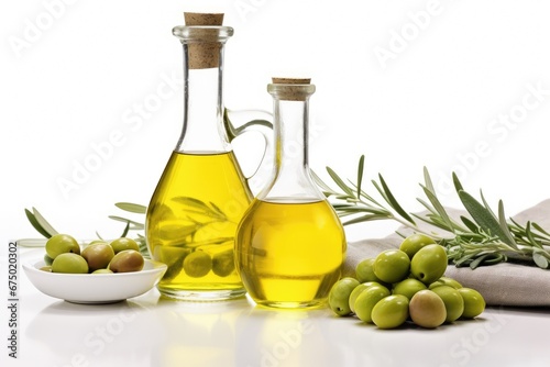 Bottle of olive oil and green olives with leaves