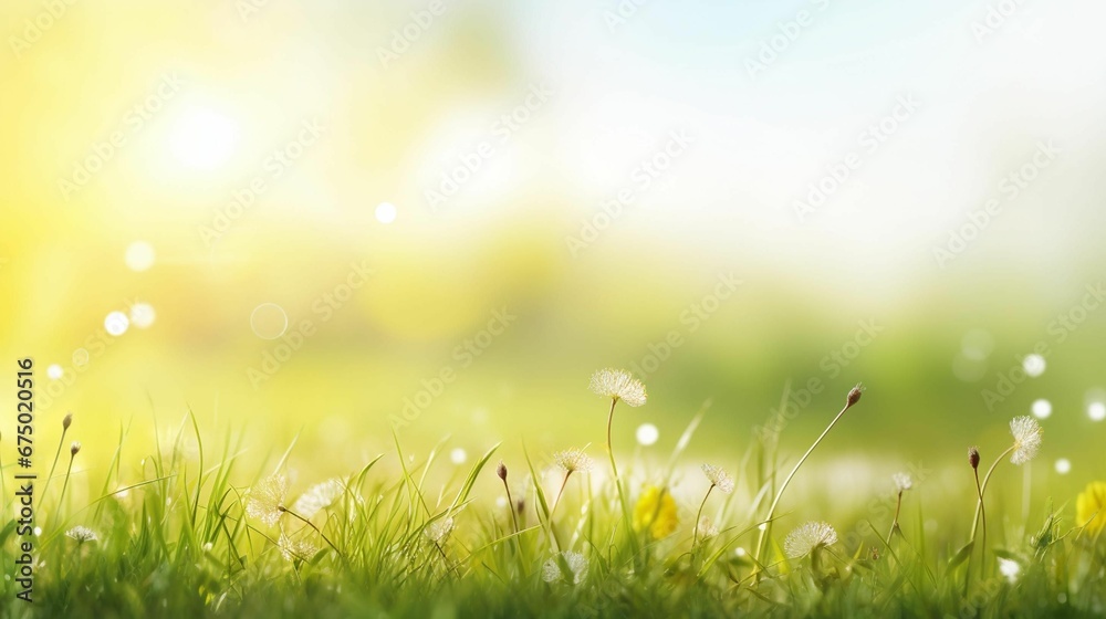 AI generated illustration of A vibrant dandelions in a lush green with a blurry background