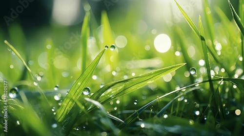 AI generated illustration of a sun-drenched meadow with glistening dew droplets on blades of grass