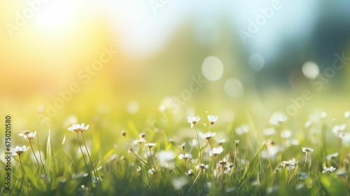 AI generated illustration of a lush green meadow with vibrant wildflowers illuminated by the sun
