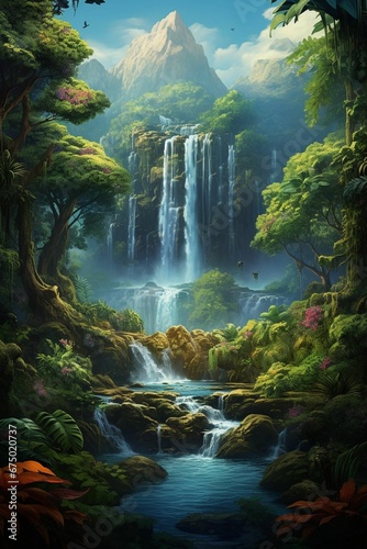 a waterfall is surrounded by lush green vegetation, and trees