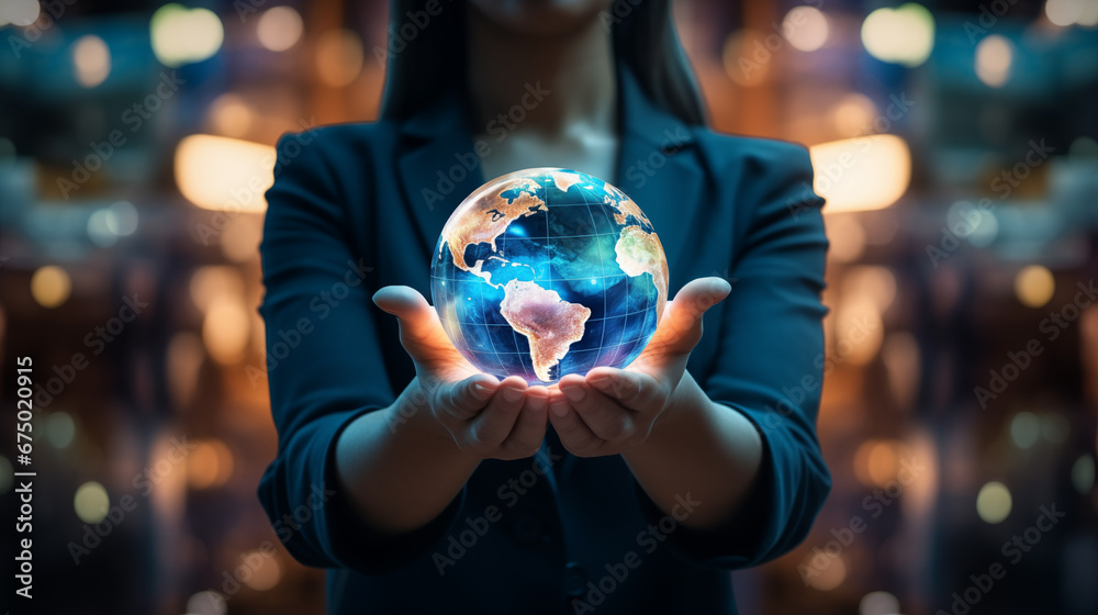 Fototapeta premium Businesswoman holding a globe model showing that business on the planet is growing, business concept