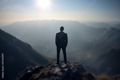 The back view of Businessman standing on top mounten, business cooperation concepts