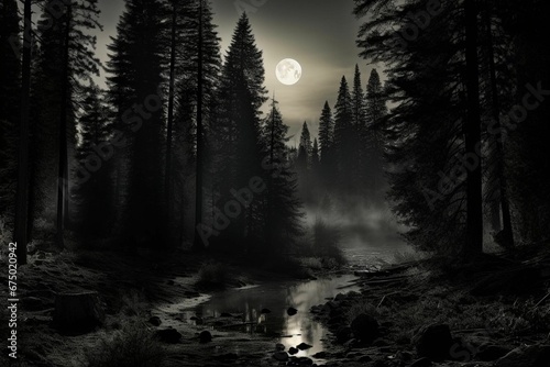AI generated illustration of a tranquil scene of a dark forest illuminated by the light of the moon
