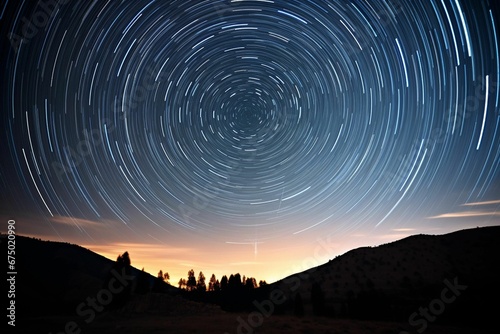 AI generated illustration of a long exposure with star trails drawn across the night sky photo