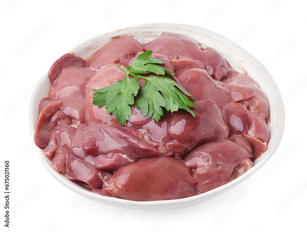 Bowl of raw chicken liver with parsley isolated on white Bowl of raw chicken liver with parsley isolated on white