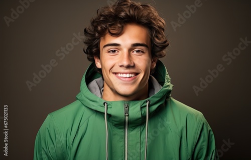 a man wearing a green hoodie smiling. © hisilly