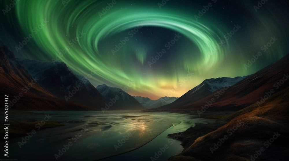 AI generated illustration of the Aurora Borealis down over a snow-covered valley with hills