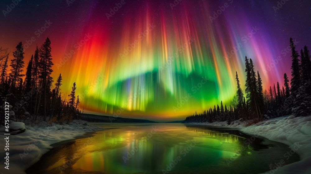 AI generated illustration of a colorful breathtaking aurora borealis in the sky over a lake