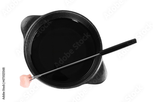 Fondue pot and fork with raw piece of meat isolated on white, top view