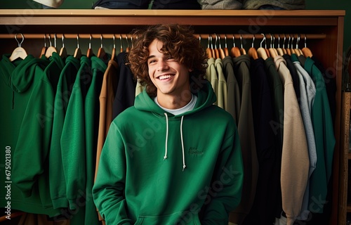 a young man wearing a green hoodie in a store.