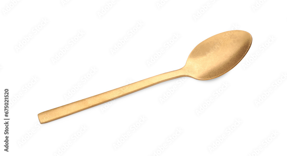 One new golden spoon isolated on white One new golden spoon isolated on white