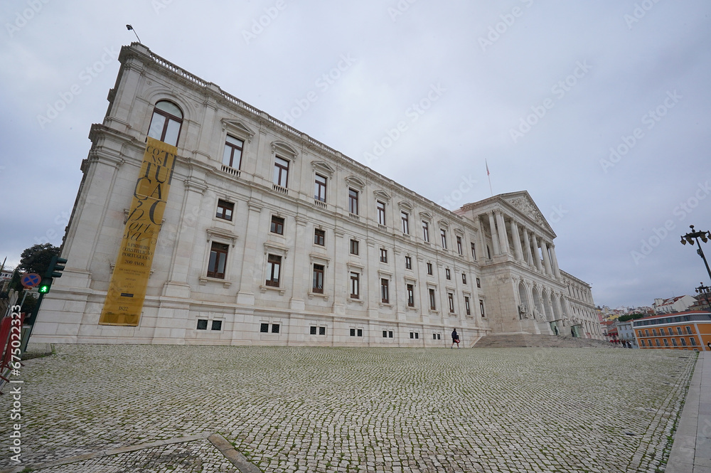 Fototapeta premium Parliament monument in Lisbon, Portugal during cloudy day