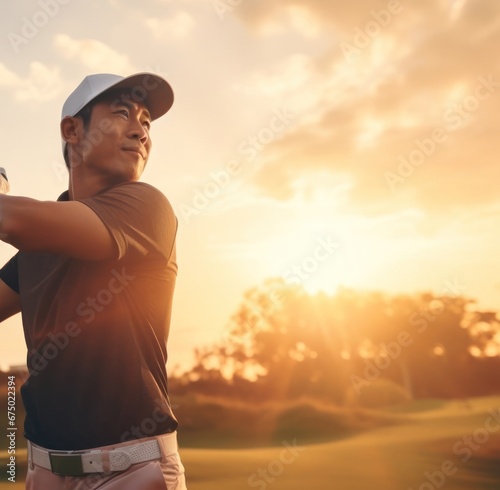 Asian Male Golfer On Grassy Green Golfing At Dawn Generative AI