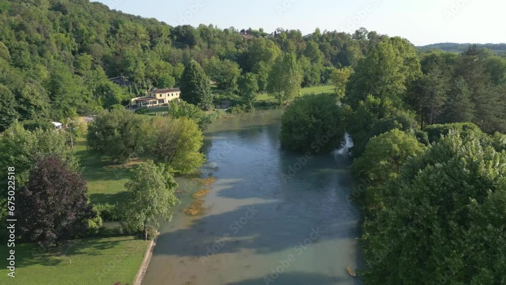 Aerial Shot of Mincio River in Borghetto, Italy. 4K Drone Aerial Shot of Mincio River in Borghetto, Italy. 4K Drone