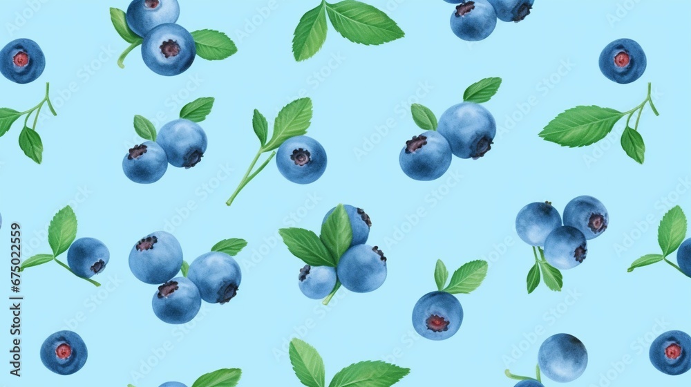 the blueberries have leaves and green stems around them on a light blue background the blueberries have leaves and green stems around them on a light blue background