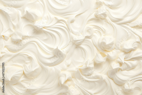 Close up detail of milk vanilla white creamy ice cream surface and texture is swirled and mixed, abstract background and wallpaper. Generative AI.