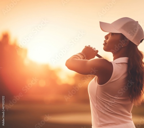 Black Female Pro Golfer On Grassy Green Golfing At Sunset Generative AI