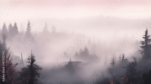 AI generated illustration of an idyllic landscape featuring tall trees shrouded in a misty fog
