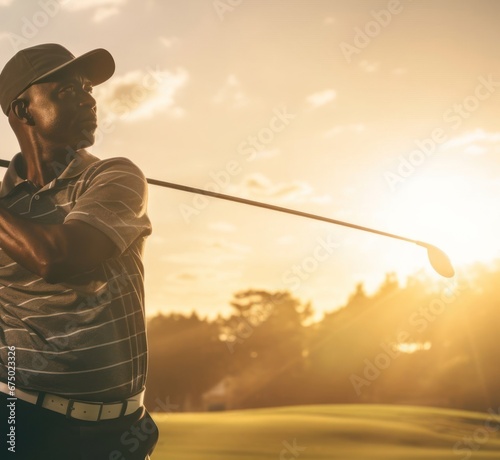 Black Male Golfer On Fairway Golfing At Dawn Generative AI