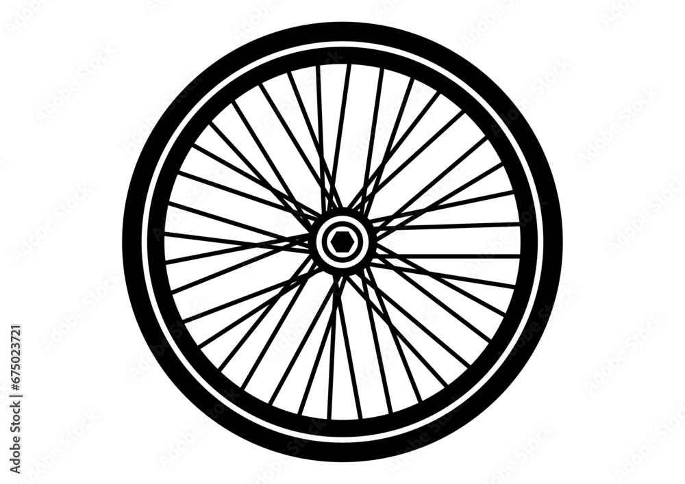 自転車の車輪。複雑なスポークの線画。