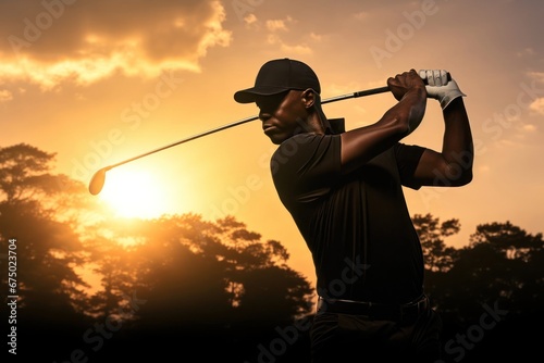 Black Male Pro Golfer On Felt Playing Golf At Dawn Generative AI