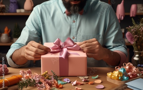 A man wrapping a present wi...