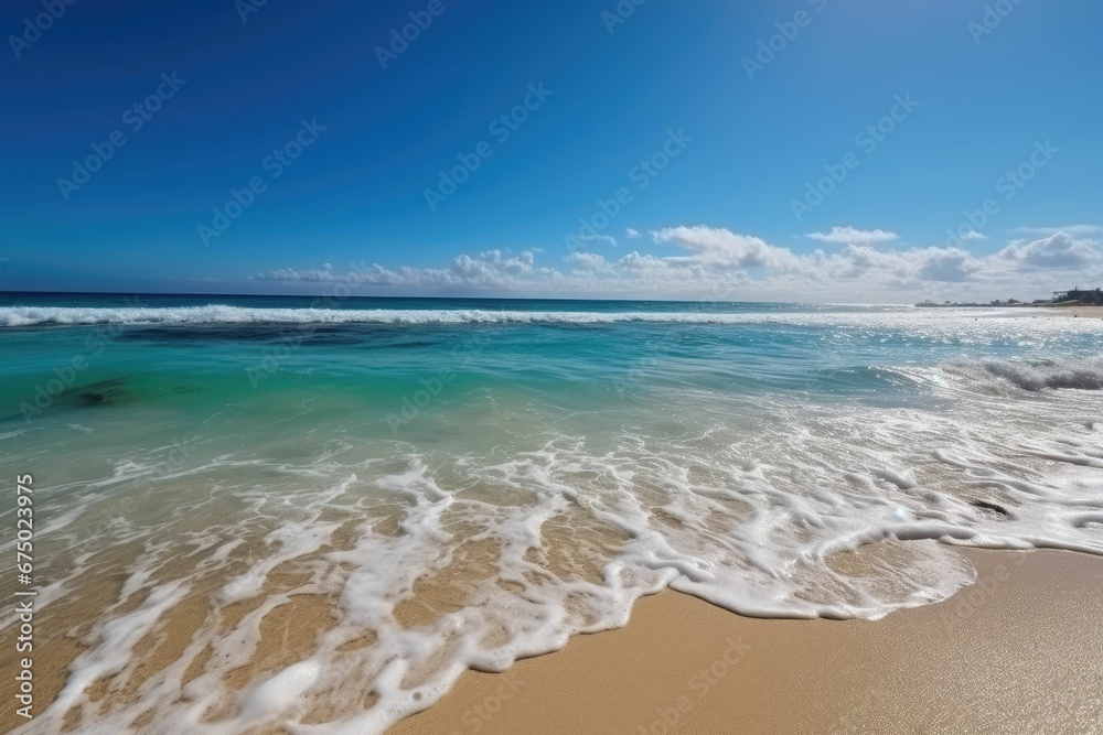 AI-generated illustration of the turquoise sea and sandy beach with a blue sky in the backdrop. AI-generated illustration of the turquoise sea and sandy beach with a blue sky in the backdrop.