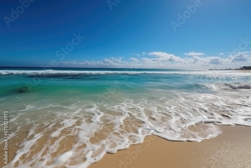 AI-generated illustration of the turquoise sea and sandy beach with a blue sky in the backdrop.