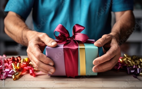 A man wrapping a present wi...