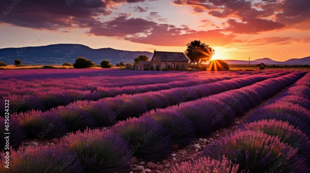 Fototapeta premium AI generated illustration of a beautiful sunrise over a sprawling lavender farm with a farmhouse