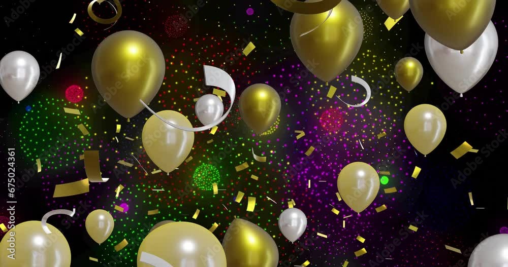 Animation of gold and silver balloons with fireworks on black background