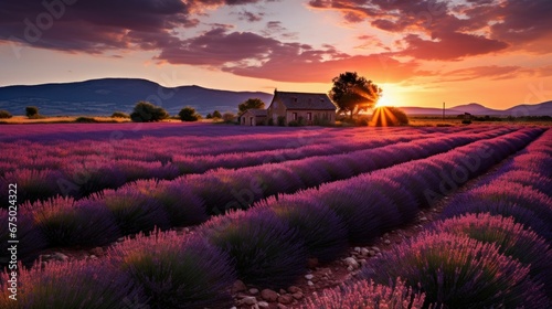 AI generated illustration of a beautiful sunrise over a sprawling lavender farm with a farmhouse © Wirestock