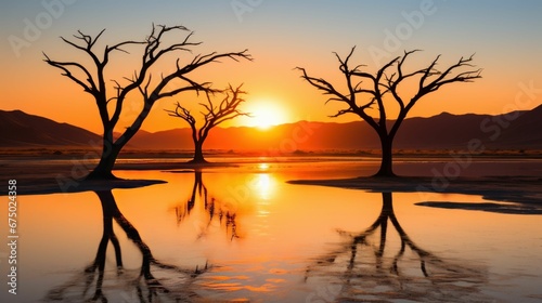 AI generated illustration of trees in a lake at sunset creating a peaceful atmosphere © Wirestock