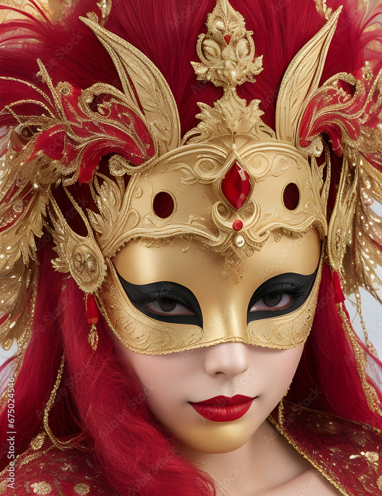 woman with carnival mask, red and gold
