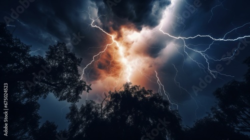 AI generated illustration of a dramatic night sky illuminated by a powerful lightning bolt