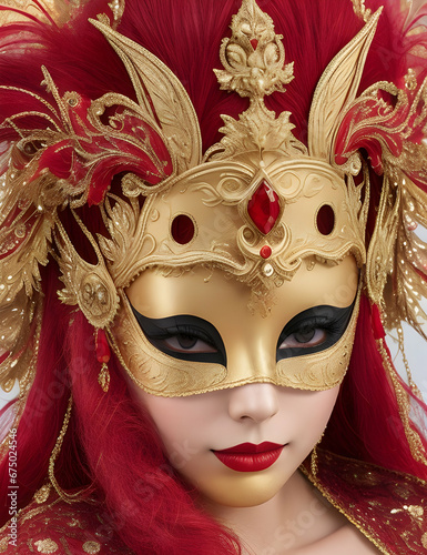 woman with carnival mask, red and gold 