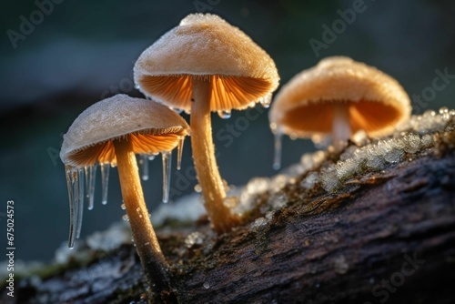 AI generated illustration of mushrooms resting atop a wooden surface, covered with a layer of ice