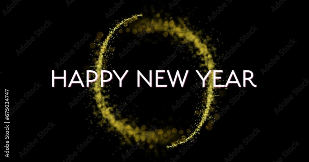 Animation of happy new year text over glowing light trails on black background Animation of happy new year text over glowing light trails on black background