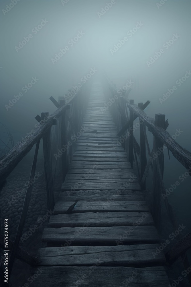 Obraz premium AI generated illustration of a wooden walkway shrouded in morning mist on a foggy day