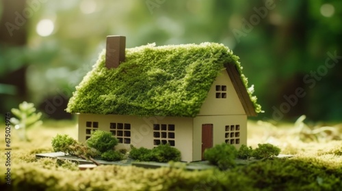 AI generated illustration of a small house figurine with the roof covered in moss