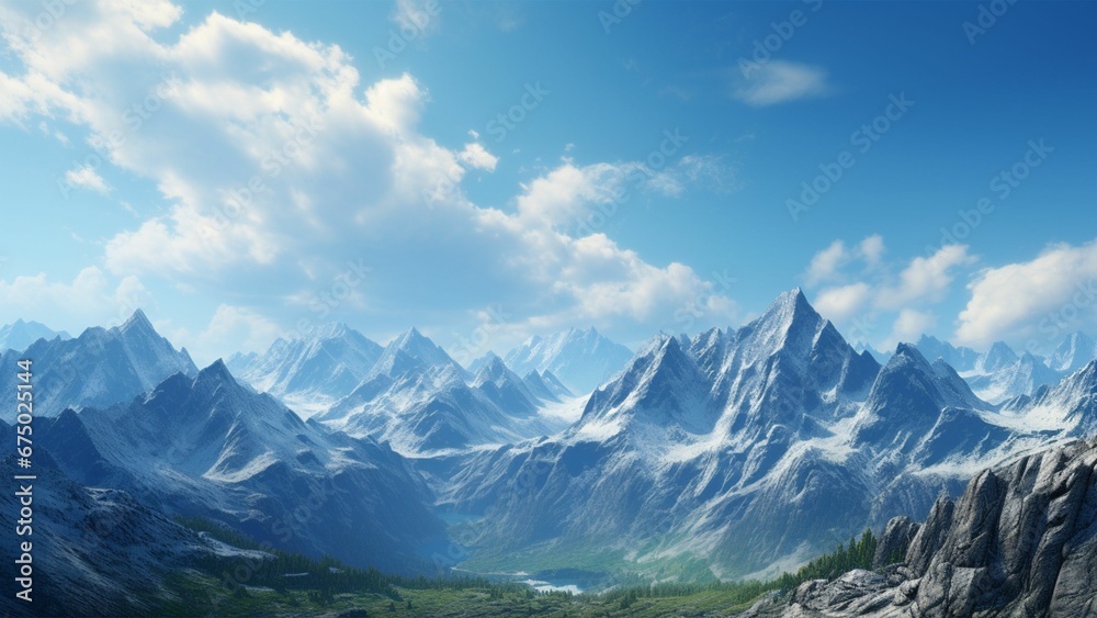 AI generated illustration of a majestic mountain with snow-capped peaks and lush valley below