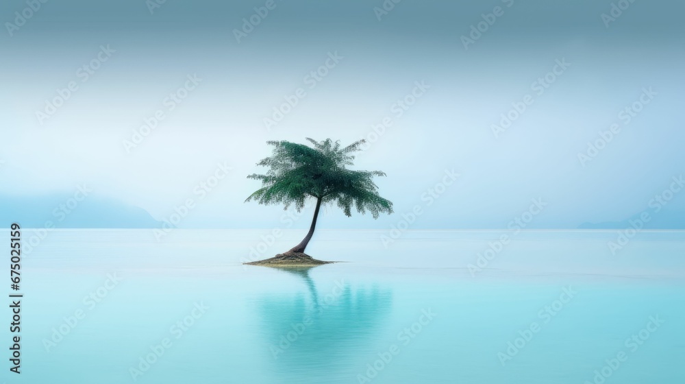 AI generated illustration of an island with trees stands in the middle of vast blue water