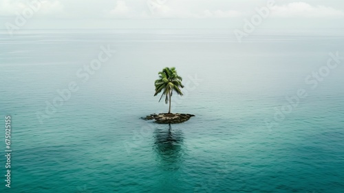 AI generated illustration of a single solitary tree stands in the middle of vast blue water