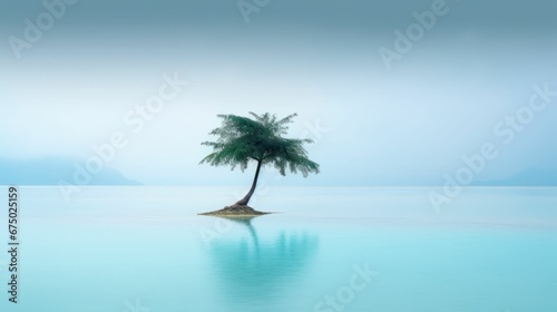 AI generated illustration of an island with trees stands in the middle of vast blue water