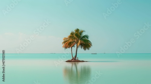 AI generated illustration of a single solitary tree stands in the middle of vast blue water