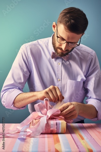 A man wrapping a present wi...